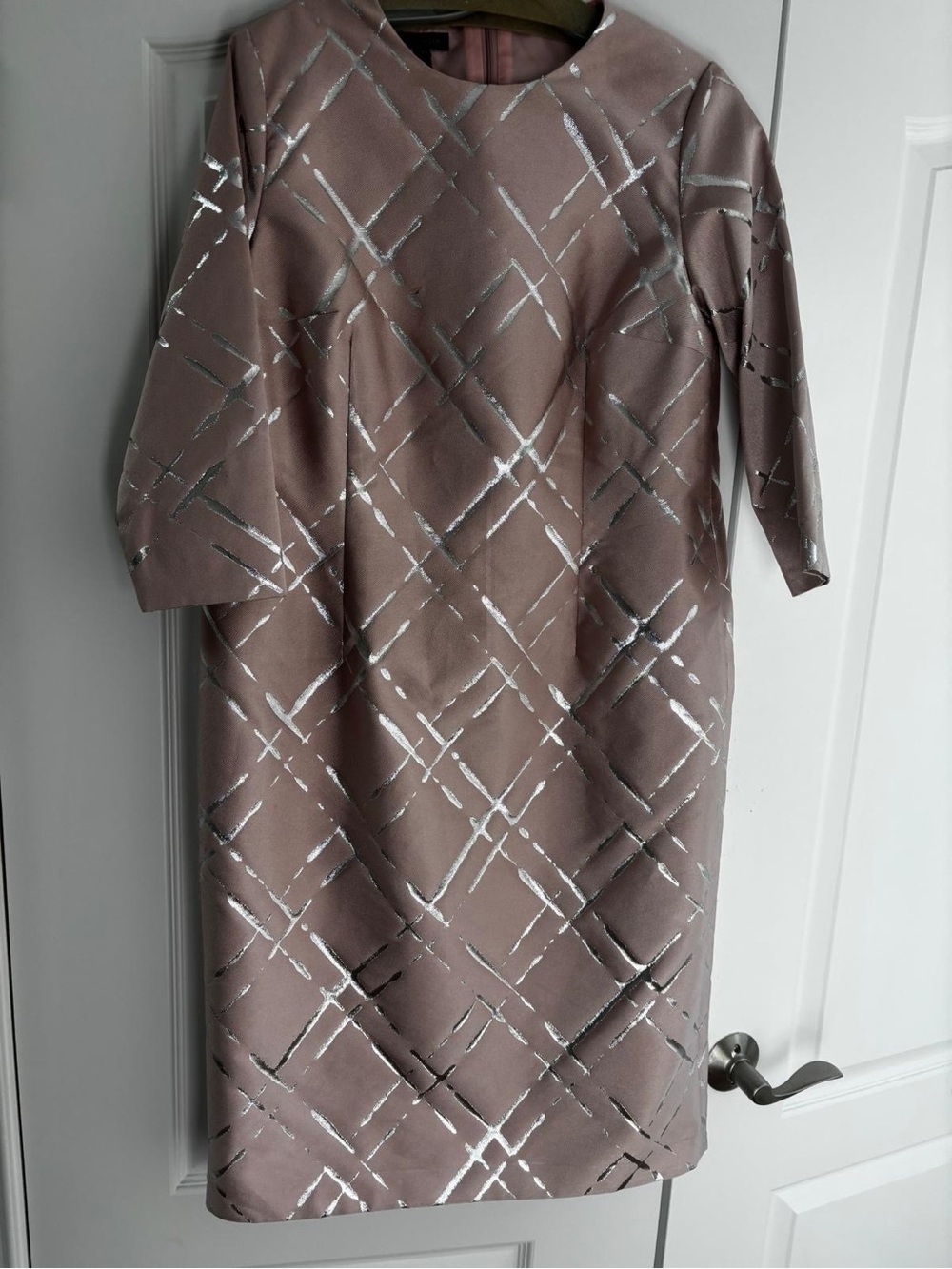 Escada Taupe Midi Dress with Silver Metallic Lattice